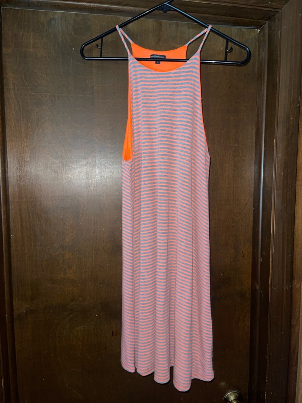 Striped Gray & Orange Sleeveless Midi Dress